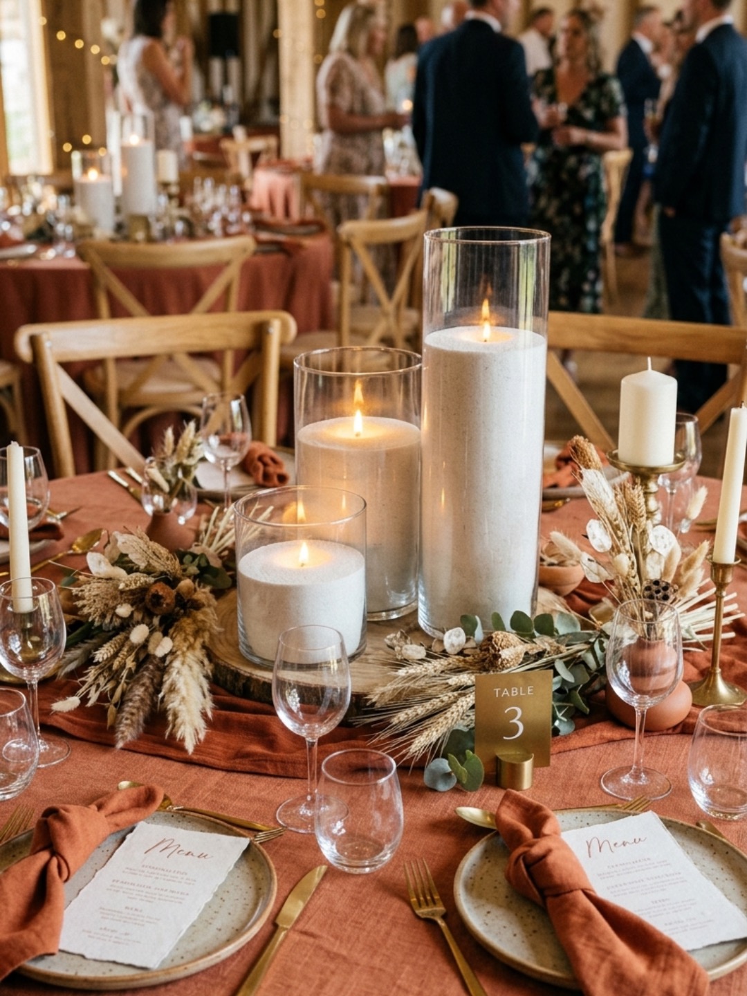 Ready-to-light candles styled for an event table