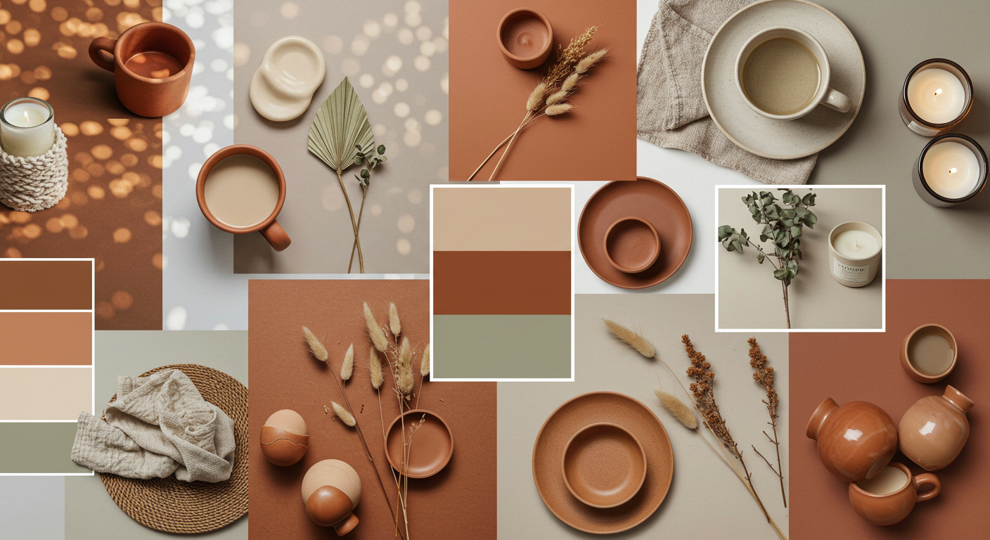 Mood board with latte, terracotta, sage tones and candle glow