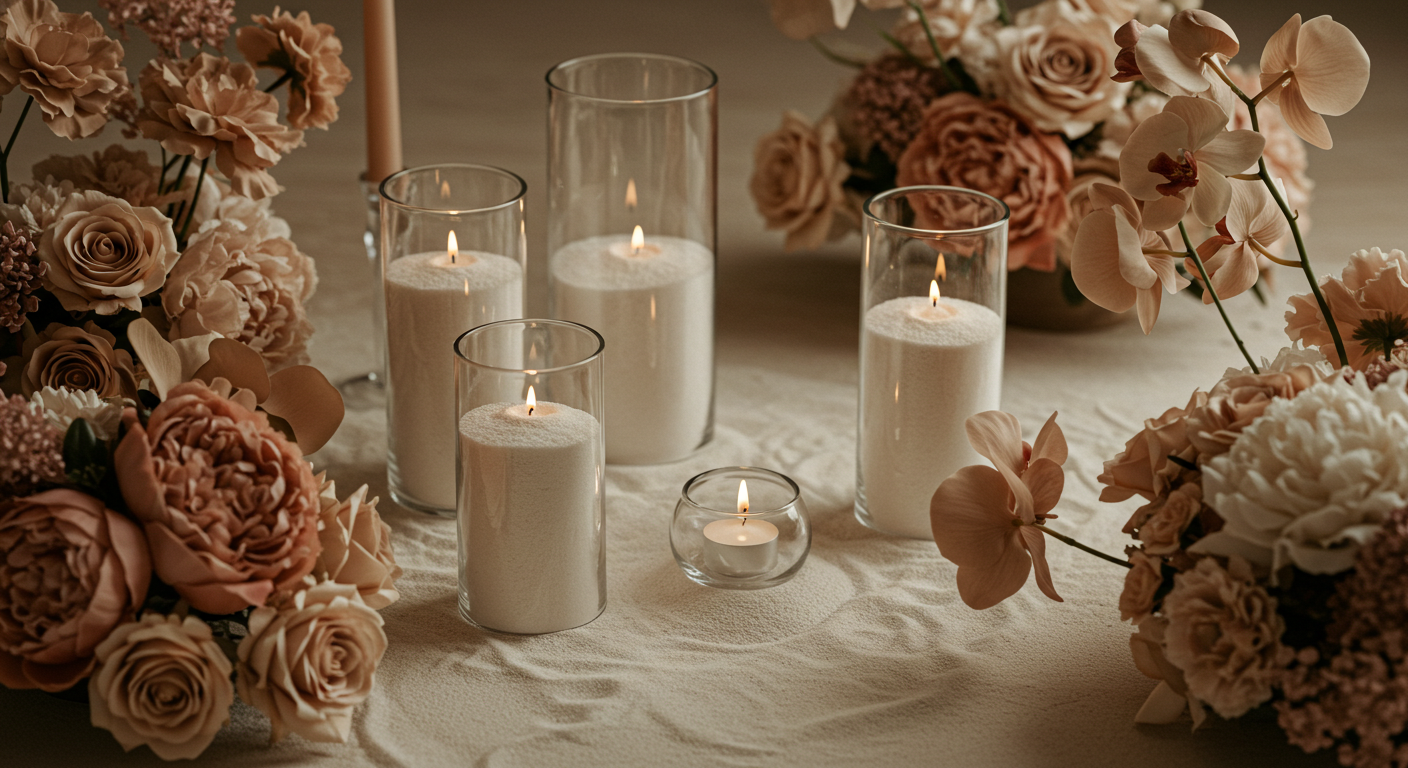 Flat lay wedding setup with mocha-toned florals and candlelight