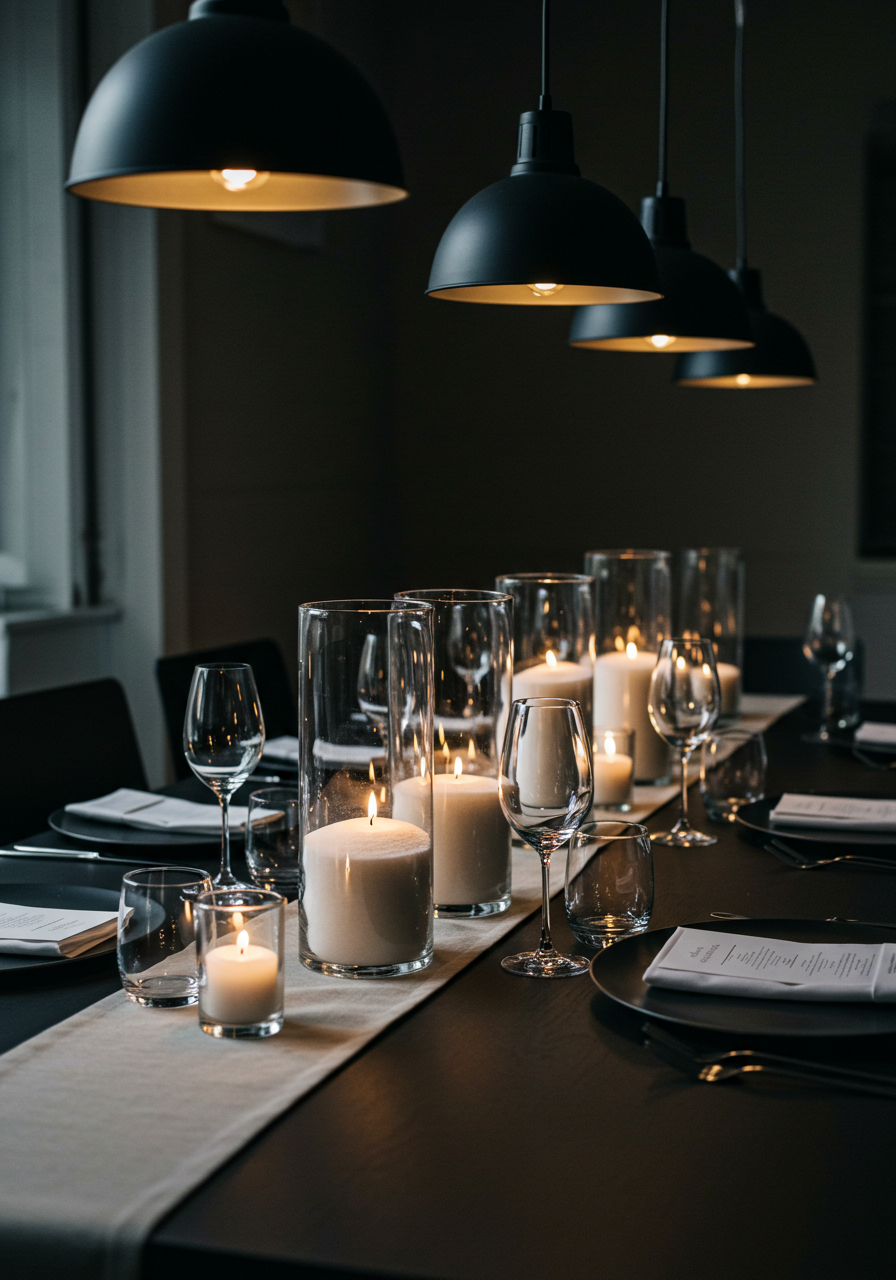 Evening wedding table with glowing candles and soft lighting