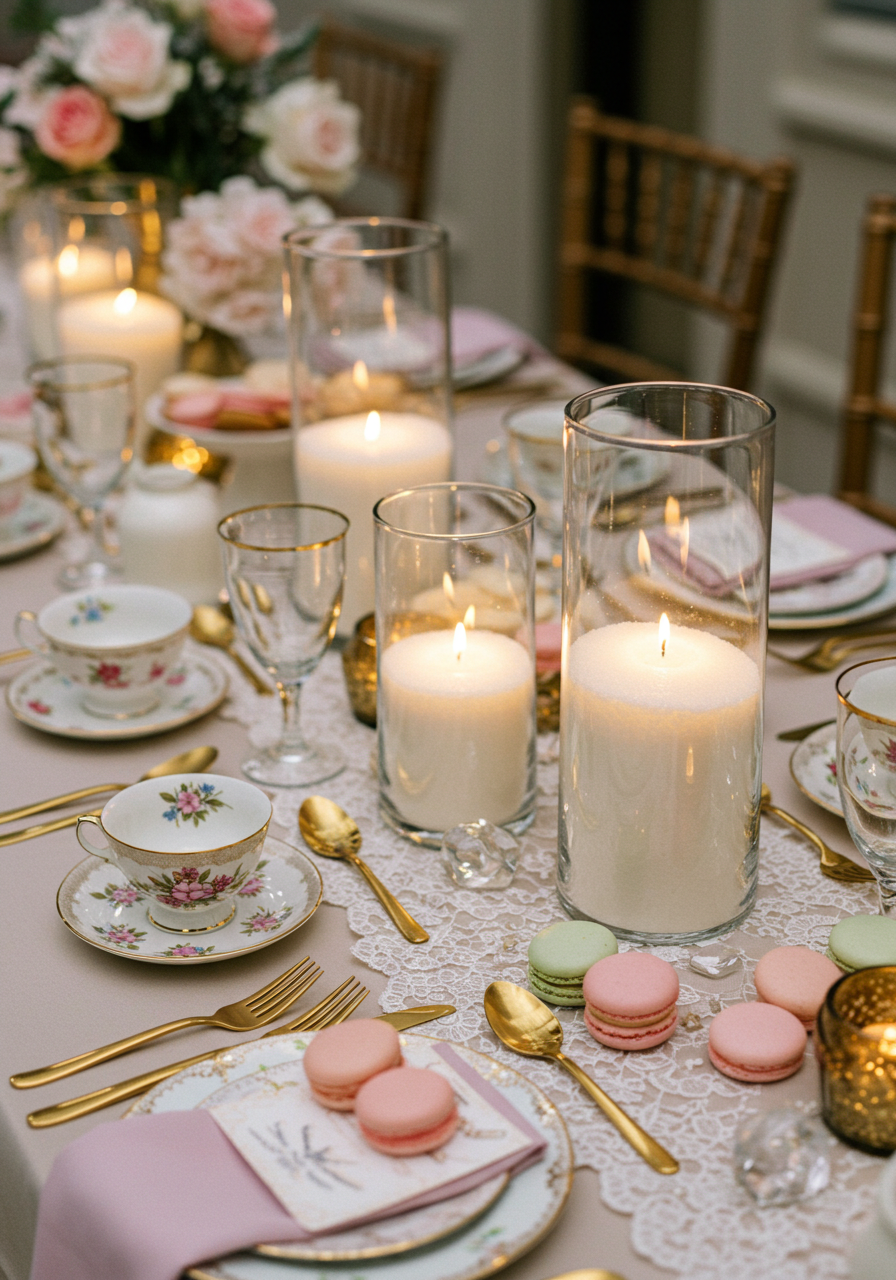 Candlelit place setting with layered textures and vintage decor